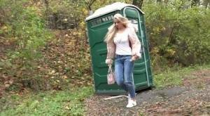 Blonde Katy Sky has to drop her jeans & pee in public because of locked toilet on modelies.com