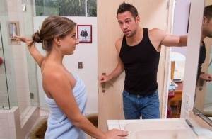 Skinny wife Presley Hart seduces her husband's friend in a bathroom on modelies.com