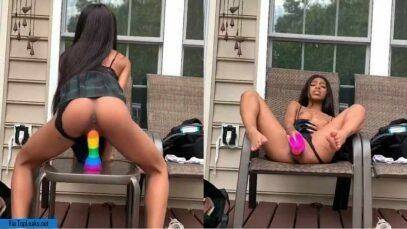 Naughty Nude ebony girls Bria Backwoods rainbow dildo on modelies.com