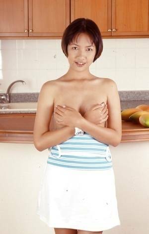 Clothed Asian with tiny tits is posing in the kitchen with spread legs on modelies.com
