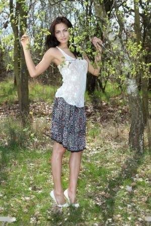 Long legged Michaela Isizzu flashes naked upskirt and poses nude in the forest on modelies.com